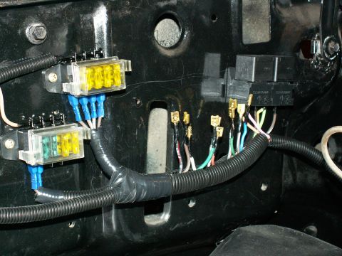 1983 Ford Bronco - here are the first two of six relays mounted and wired (all but earth wire) and the other wires ready to go (wires L to R: spotlights-sprea…