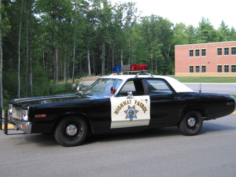 1991 Ford LTD Crown Victoria - Side profile of a black-and-white Highway Patrol police sedan with door emblem and roof lightbar, parked near trees.