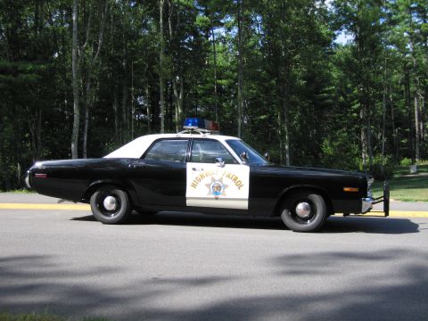 1991 Ford LTD Crown Victoria - Side view of a black-and-white Highway Patrol police sedan with roof lightbar and gold star door emblem, parked by trees.