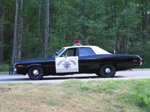 1991 Ford LTD Crown Victoria - black-and-white Highway Patrol police sedan with a single roof beacon and star door emblem parked on a roadside next to grass and trees.