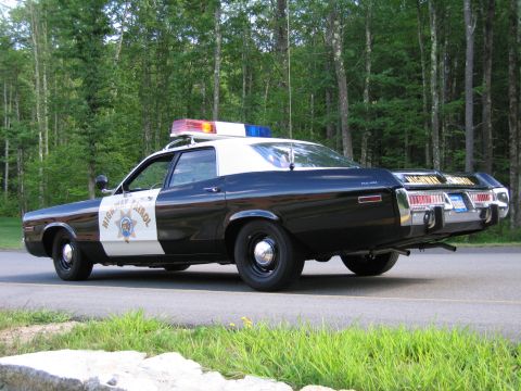 1991 Ford LTD Crown Victoria - Rear three-quarter view of a black-and-white Highway Patrol police sedan with roof lightbar and star door emblem parked by green woods.