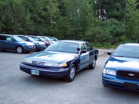 1991 Ford LTD Crown Victoria - two-tone blue Ford sedan with front plate '23D 4376' is parked on a dirt lot beside a darker blue Ford sedan and a row of other cars.