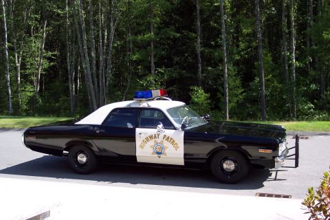 1991 Ford LTD Crown Victoria - Side profile of a black-and-white Highway Patrol sedan with roof light bar and star door decal parked on pavement before a wooded backdrop.