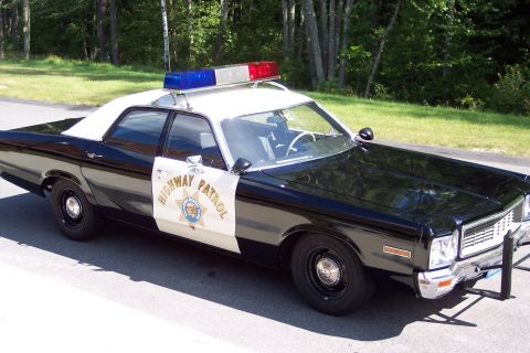 1991 Ford LTD Crown Victoria - Side profile of a black-and-white Highway Patrol sedan showing the door star decal and roof light bar, parked on a road by trees.