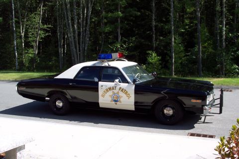 1991 Ford LTD Crown Victoria - black-and-white Highway Patrol sedan with door star decal and roof light bar sits in profile on pavement beside green woods.