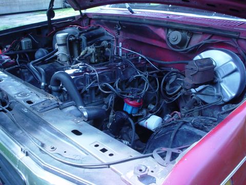 1983 Ford Bronco - The engine bay of a red truck from the 1980s is shown with its hood open.