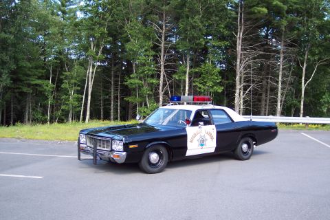 1991 Ford LTD Crown Victoria - black-and-white California Highway Patrol sedan with door star and roof lightbar parked in an empty paved lot near woods.