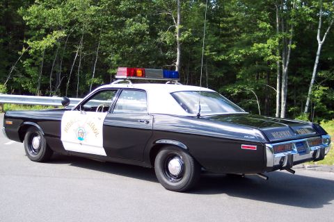 1991 Ford LTD Crown Victoria - Rear-side view of a black-and-white California Highway Patrol sedan with door star, chrome bumper, and roof emergency lights by trees.