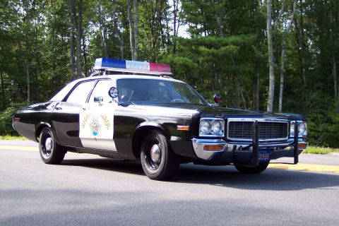 1991 Ford LTD Crown Victoria - black-and-white Highway Patrol cruiser with roof light bar and push bar sits on a wooded roadside, shown from the front three-quarter angle.
