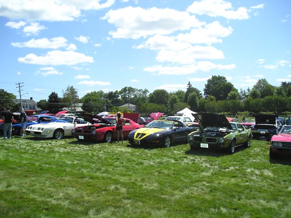 1984 Pontiac Fieros and other cars parked on grass under a blue sky with clouds