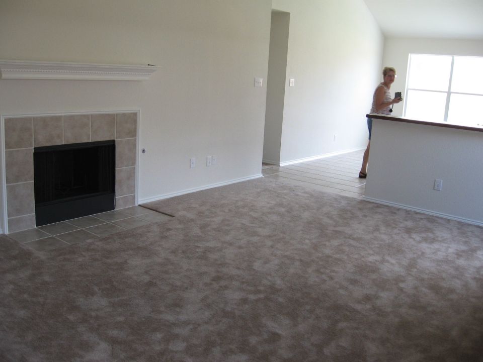 Interior of a house with a fireplace, carpet, and a person standing near a window