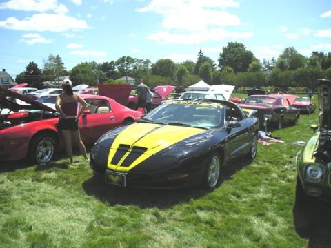 1984 Pontiac Fiero - A black and yellow 1994 Pontiac Firebird is displayed at an outdoor car show with other vehicles.