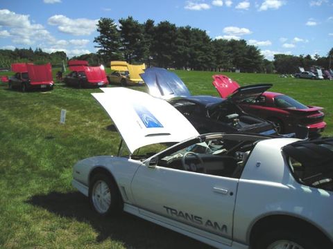 1984 Pontiac Fiero - Several cars are parked on a grassy field with their hoods open under a partly cloudy sky.