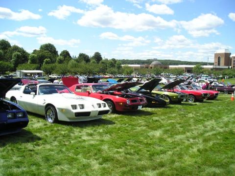 1984 Pontiac Fiero - A row of Pontiac Trans Ams are displayed on a grassy field under a partly cloudy sky.