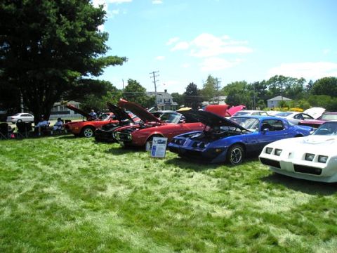1984 Pontiac Fiero - Multiple Pontiac Firebirds displayed on a sunny day at an outdoor car show.