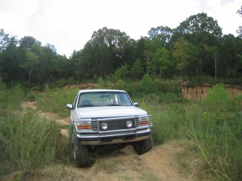 1996 Ford Bronco - A white Ford truck navigates an off-road trail with dense foliage and trees in the background.