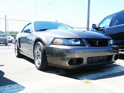 2001 Mercury Grand Marquis - Gray Ford Mustang Cobra parked next to a dark SUV at a car show.