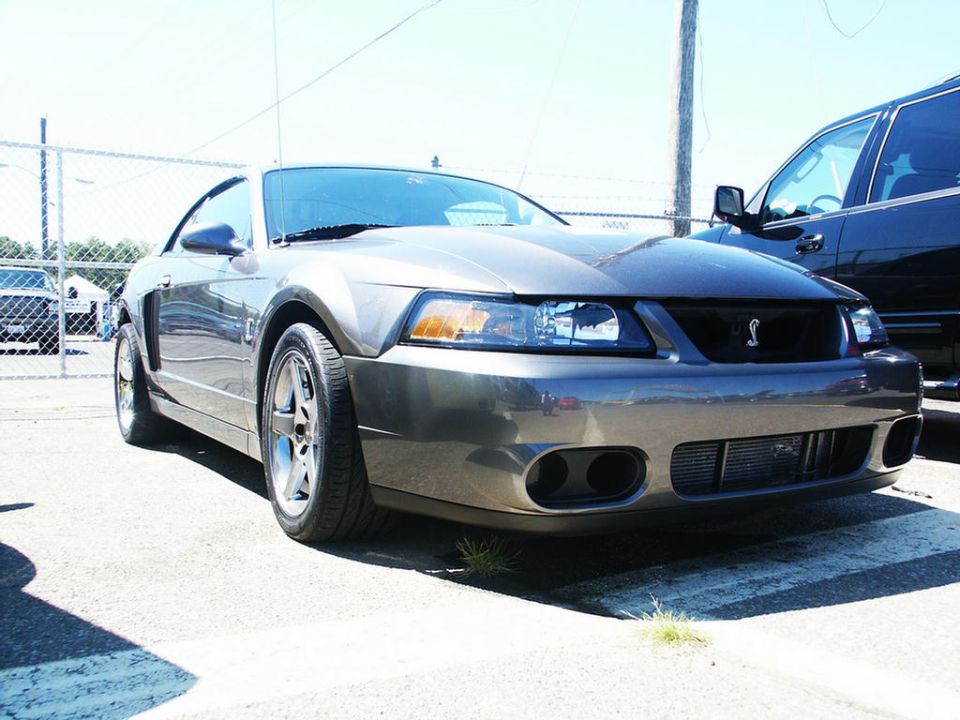 Gray Ford Mustang Cobra with a snake emblem on the grille. Another dark SUV is parked next to it