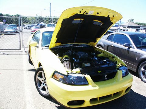 2001 Mercury Grand Marquis - A yellow 2001 Ford Mustang is displayed with its hood open at a car show.