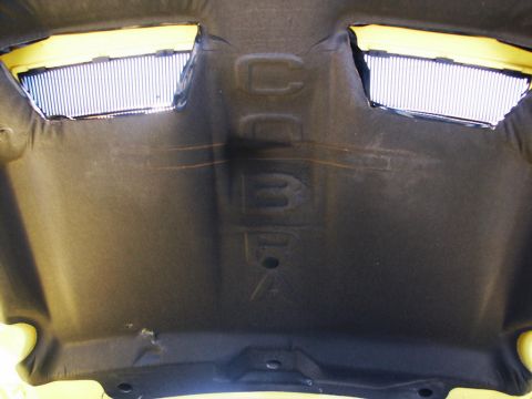 2001 Mercury Grand Marquis - The underside of a car's hood shows insulation with two vents and embossed lettering.