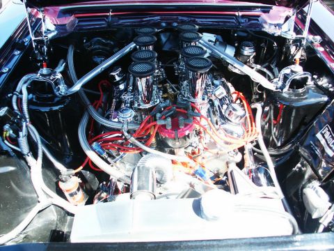 2001 Mercury Grand Marquis - Close-up of a highly customized V8 engine with chrome accents and individual air intakes for each cylinder.