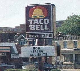 1968 Ford Mustang - A Taco Bell sign advertises a drive-thru and a humorous hiring message.