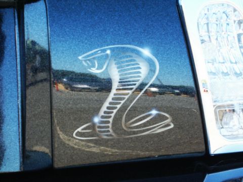 2001 Mercury Grand Marquis - A blue car features a cobra emblem and a portion of its headlight is visible.