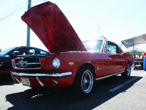 2001 Mercury Grand Marquis - A classic red 1965 Ford Mustang coupe is displayed with its hood open at a car show, next to a modern black car.