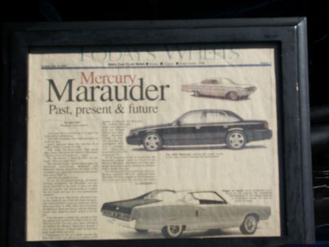 2001 Mercury Grand Marquis - Framed newspaper/magazine article titled 'Mercury Marauder: Past, present & future' with vehicle photos.