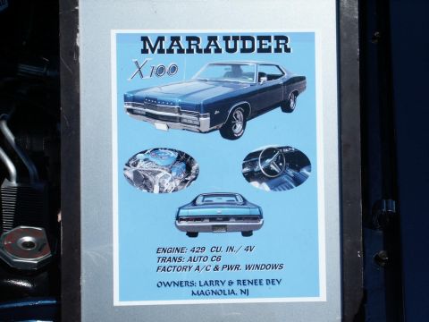 2001 Mercury Grand Marquis - Car-show poster for a Mercury Marauder X100 showing photos and engine, transmission, and option specs.