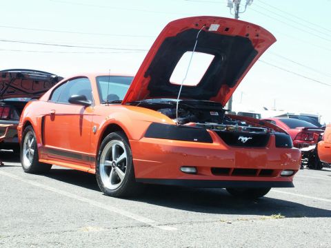 2001 Mercury Grand Marquis - Orange Ford Mustang coupe at a car show, hood open. Another Mustang is parked behind it.