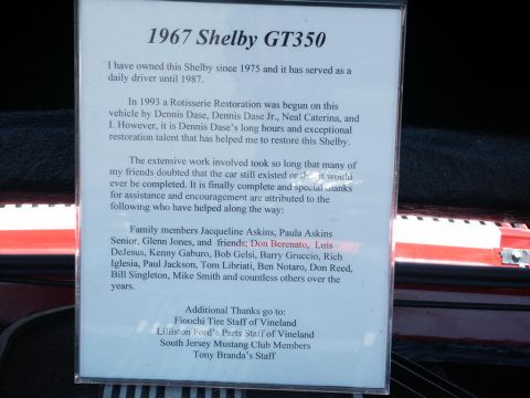 2001 Mercury Grand Marquis - Car-show placard narrating the ownership and restoration story of a 1967 Shelby GT350, a personal narrative card.