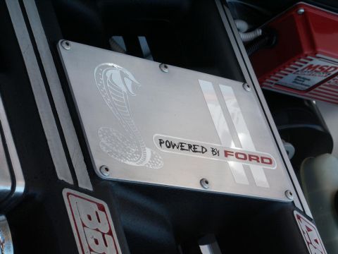 2001 Mercury Grand Marquis - Close-up of an engine component with a cobra emblem and "POWERED BY FORD" lettering.