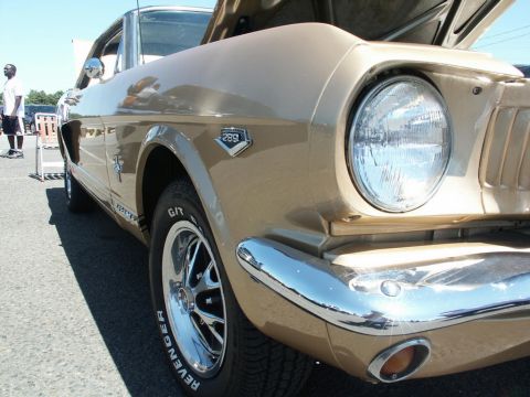 2001 Mercury Grand Marquis - A classic tan Ford Mustang is displayed with its hood up at an outdoor event.