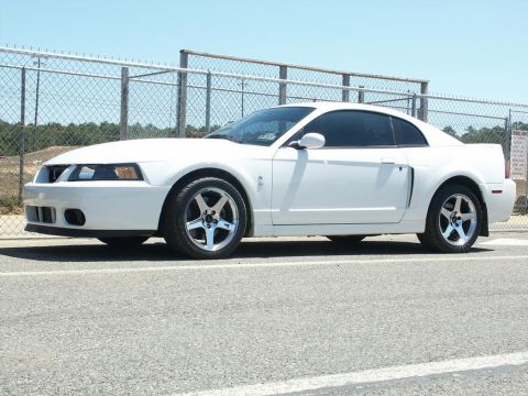 2001 Mercury Grand Marquis - A white Ford Mustang is parked on a paved surface, with a fence and trees in the background.