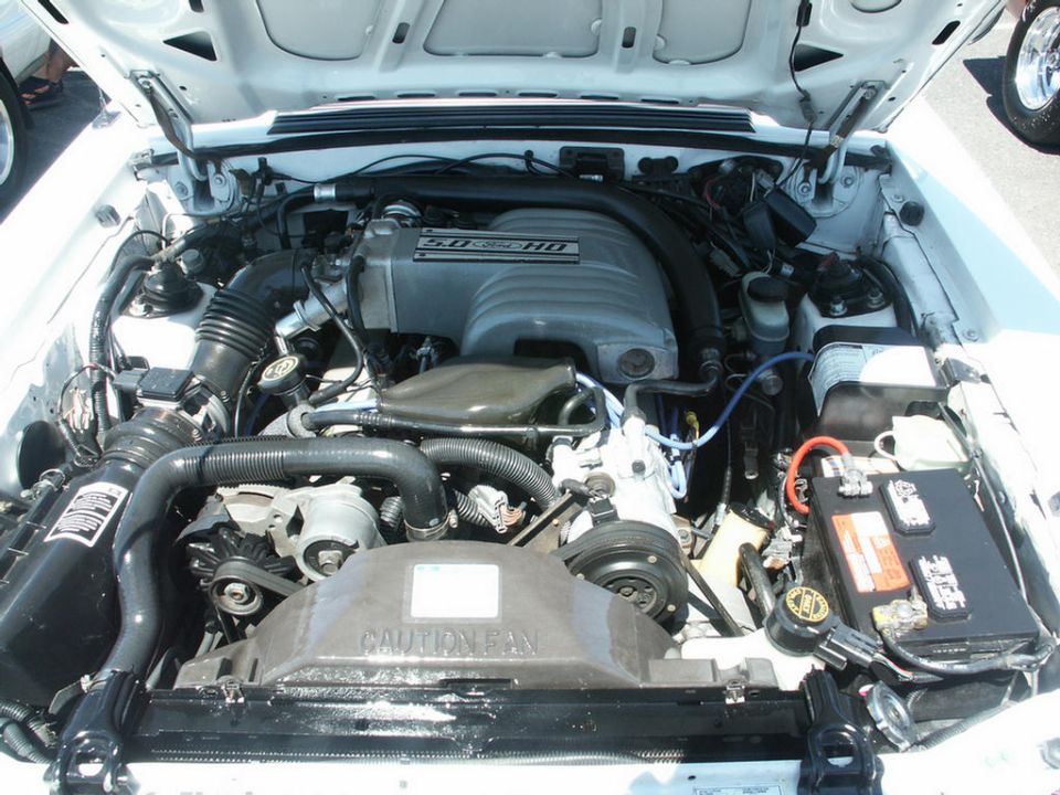 White engine bay with a 5.0 HO engine, air intake, battery, and fan. Text reads 'CAUTION FAN'