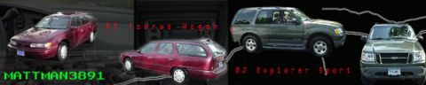 1993 Ford Taurus - A collage of two vehicles, a red Ford Taurus wagon and a green Ford Explorer Sport, are displayed together.