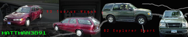 Red Ford Taurus wagon and green Ford Explorer Sport side-by-side. Text reads 'MATTMAN3891' and '93 Taurus - Wagon' and '02 Explorer Sport'