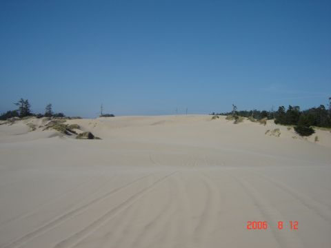1993 Ford Bronco - A vast expanse of sand dunes under a clear blue sky, with tire tracks visible on the sand.