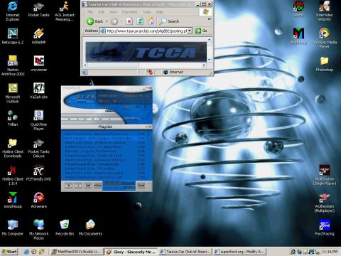 1993 Ford Taurus - A computer desktop displays various application windows and icons, with a web browser open to a car club forum.