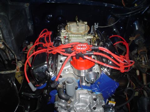 1984 Ford Bronco - Close-up of an engine bay MSD ignition components and red spark plug wires.