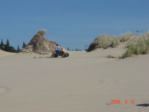 1993 Ford Bronco - A person rides a yellow ATV across a sandy landscape with dunes and sparse vegetation.