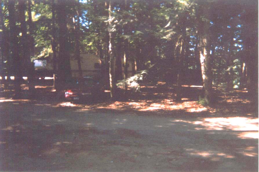 red car parked on dirt road near trees and a building