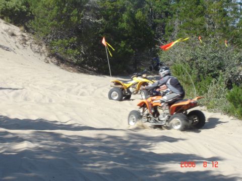 1993 Ford Bronco - Four-wheelers navigate sandy terrain on a sunny day, with trees and flags visible.