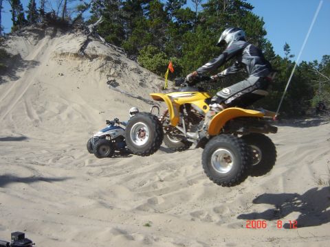 1993 Ford Bronco - Two ATVs ride through sandy terrain with trees in the background.