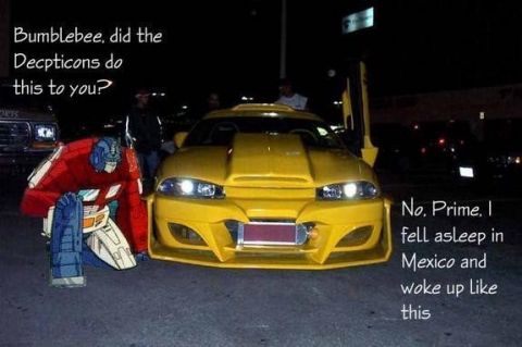 1995 Ford Probe - Optimus Prime figure next to a yellow custom car with text overlays.