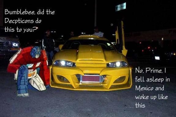 Yellow custom car with butterfly doors open, Optimus Prime figure kneeling beside it. Text overlay