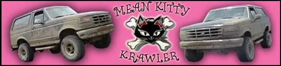 Pink "Mean Kitty Krawler" banner with two photos of a muddy lifted Ford Bronco