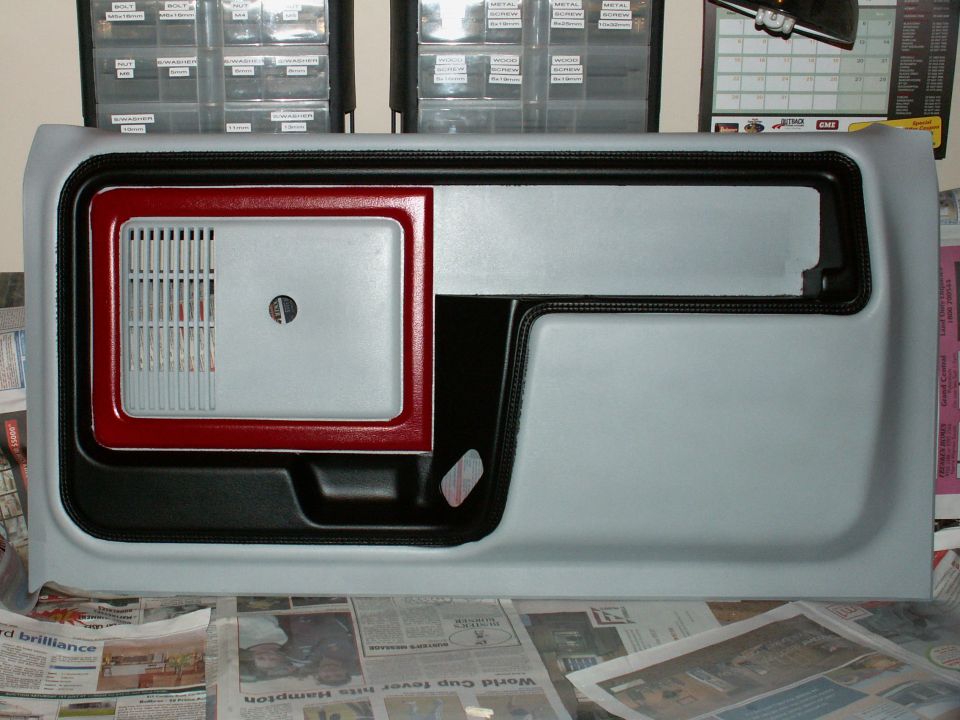 Now the new and bold colour scheme for the project....these colours will be the theme throughout....this is the drivers door trim, bought new ones for spray-on colour that were in much better shape than originals.