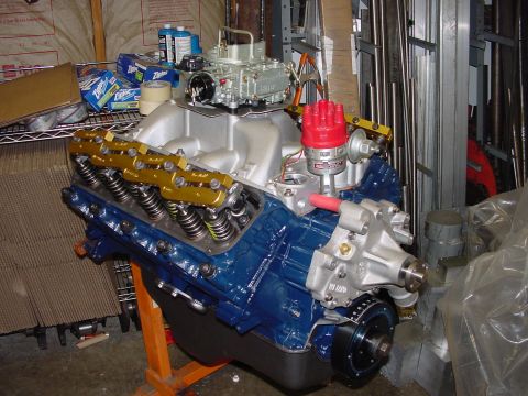 1979 Ford Bronco - V8 engine assembly on an engine stand, likely for a classic vehicle restoration project.